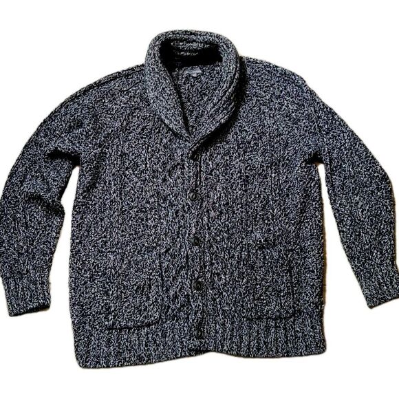 LL BEAN SIGNATURE Shawl Collar Cardigan 100% Cotton Navy Blue Black Cream XL EUC - Picture 1 of 12